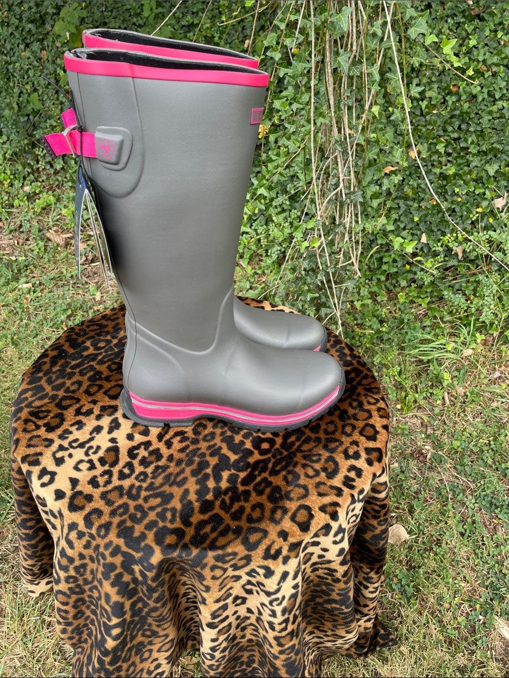 Ariat Tall Gray Rain Boots with Pink Trim